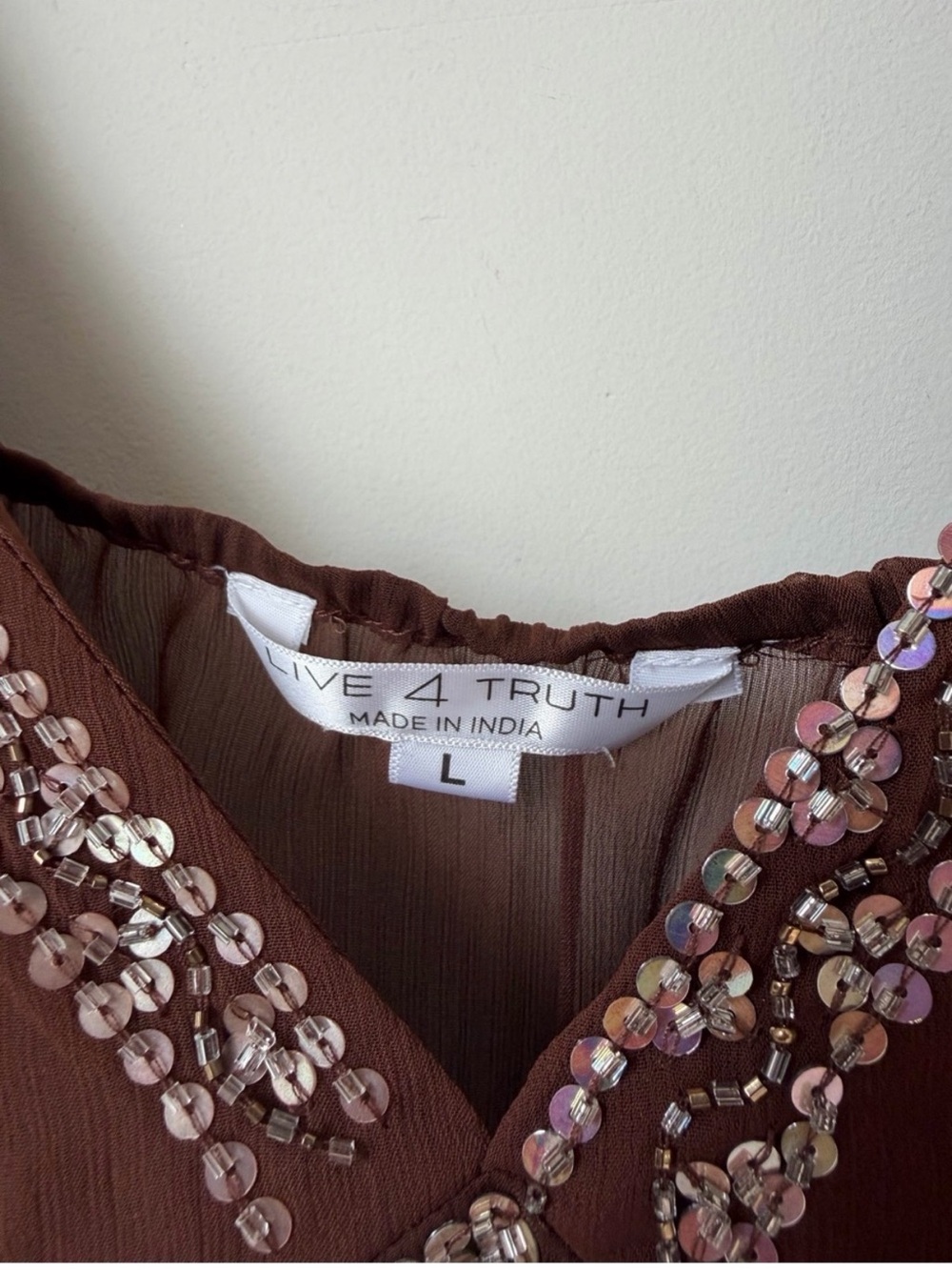 Live 4 Truth Vintage Brown Spaghetti Strap Sequin Embellished Women's Top - Picture 5 of 6